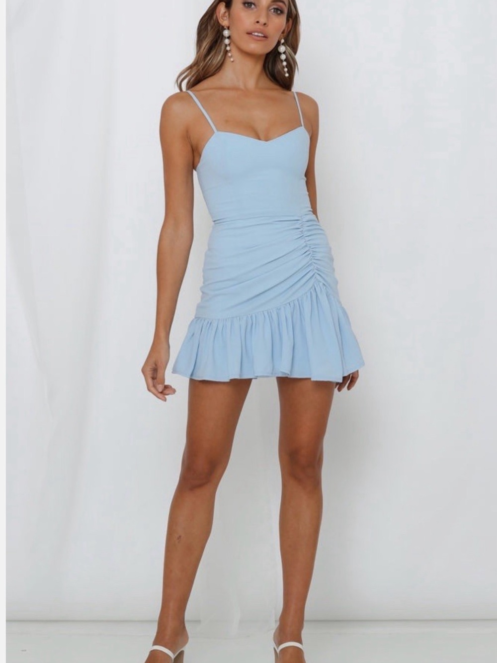 Hello Molly Light Blue Ruched Ruffle Mini Dress - Picture 2 of 6